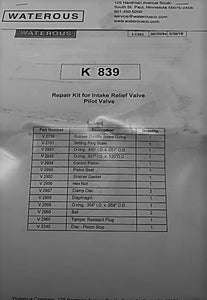 WATEROUS REPAIR KIT, INTAKE RELIEF VALVE, PILOT VALVE, K 839